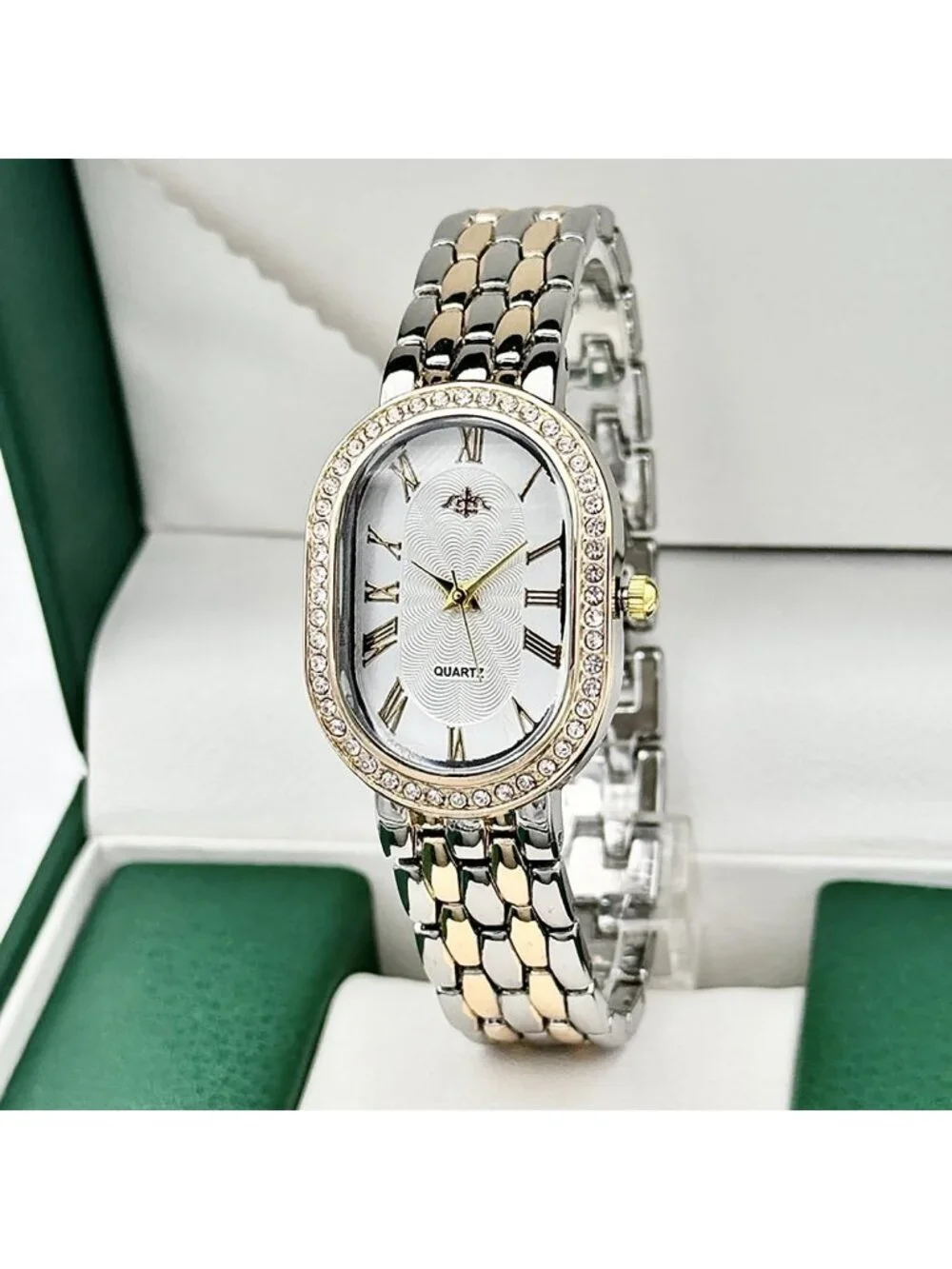 Women's Two-Tone Vintage Rome Oval Case Adjustable Stainless Steel Analog Watch